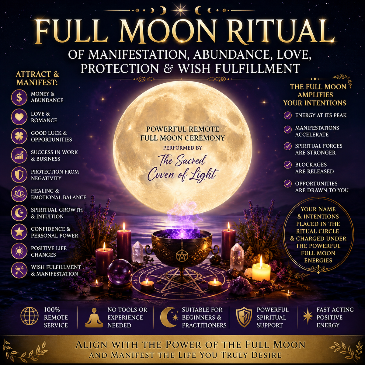 Full moon ritual for manifestation abundance wealth love protection luck success and wish fulfilment spell