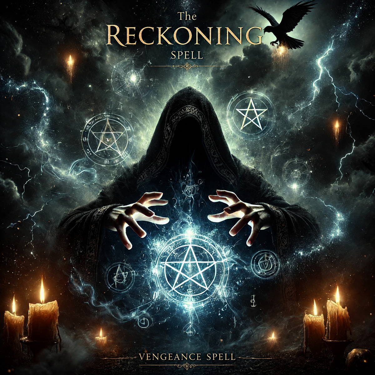 The Reckoning Spell, capturing the dark and intense energy of a powerful, vengeance-driven spell.