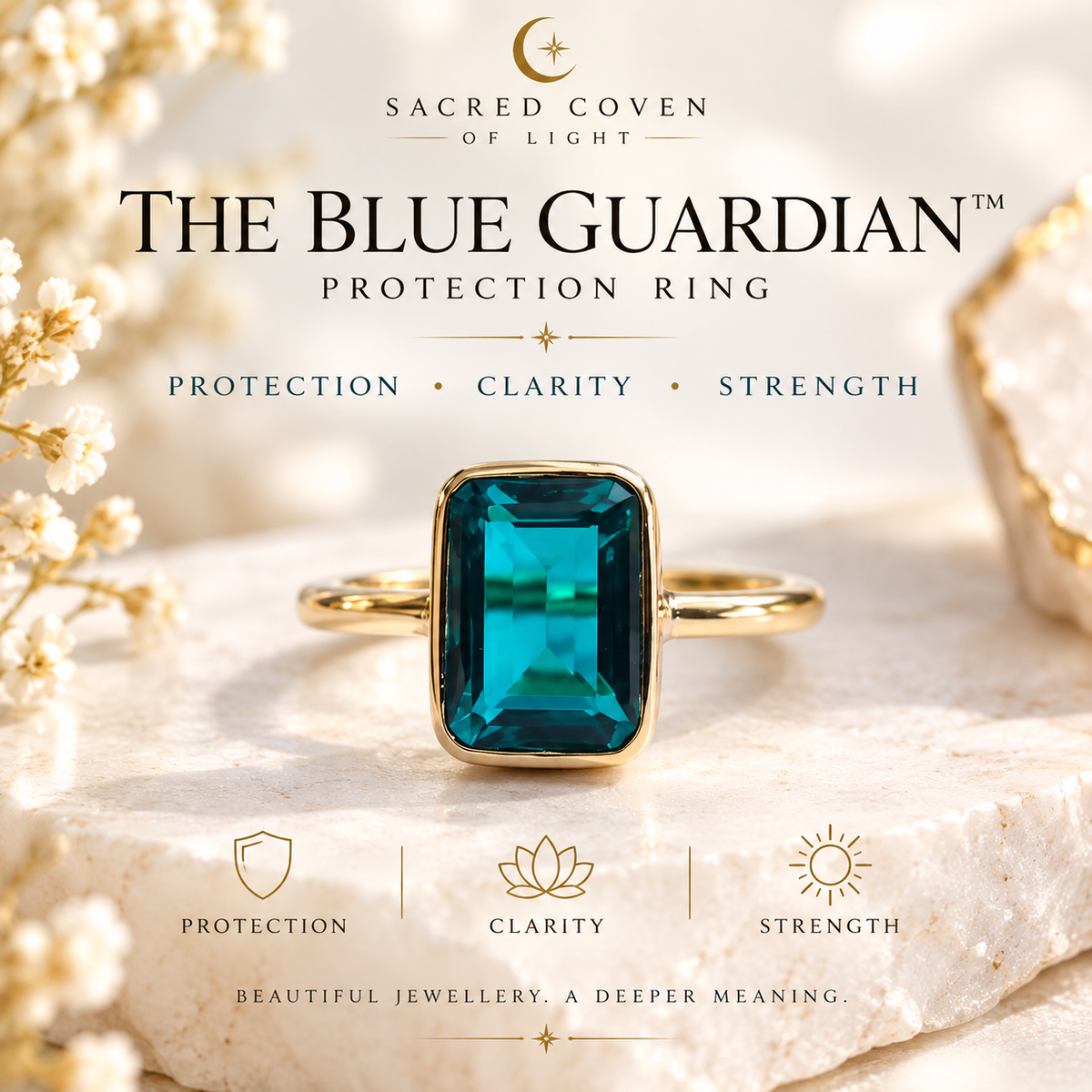 The Blue Guardian™ Protection Ring | 925 Sterling Silver | Brilliant Blue Stone | Evil Eye Protection Symbol Jewellery | Sacred Coven